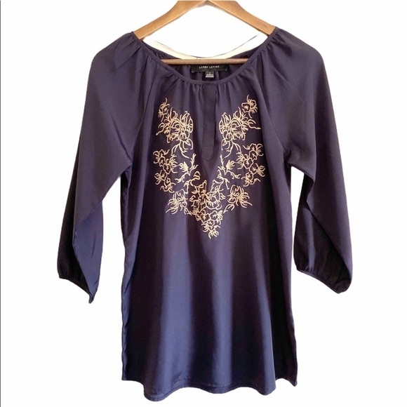 Larry Levine Navy Blue & Gold Embroidered Blouse - Picture 1 of 7
